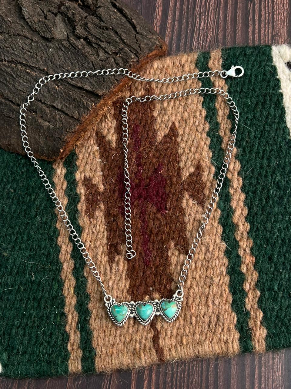 "Heart Collection" Handmade Sterling Silver Kingman Turquoise Necklace "Signed Nizhoni"