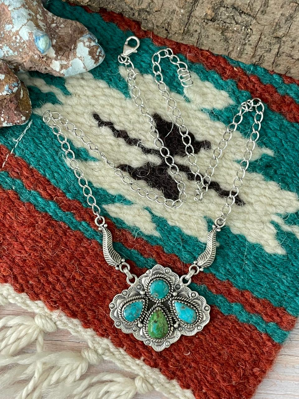 Handmade Sterling Silver Sonoran Mountain Turquoise with White Water Turquoise Necklace "Signed Nizhoni"
