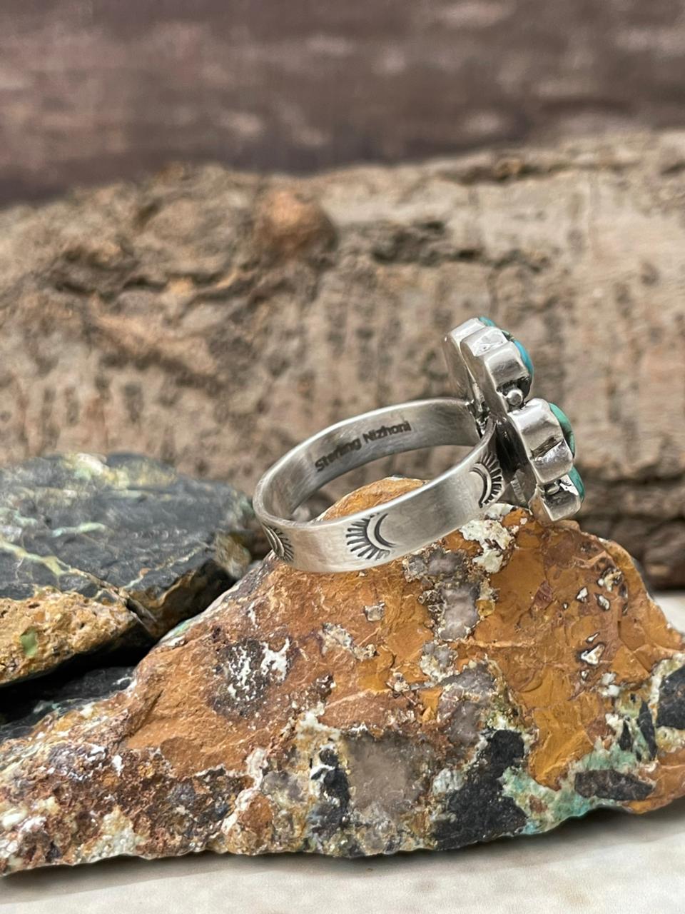 "Heart Collection" Handmade Sterling Silver Kingman Turquoise Adjustable Ring "Signed Nizhoni"