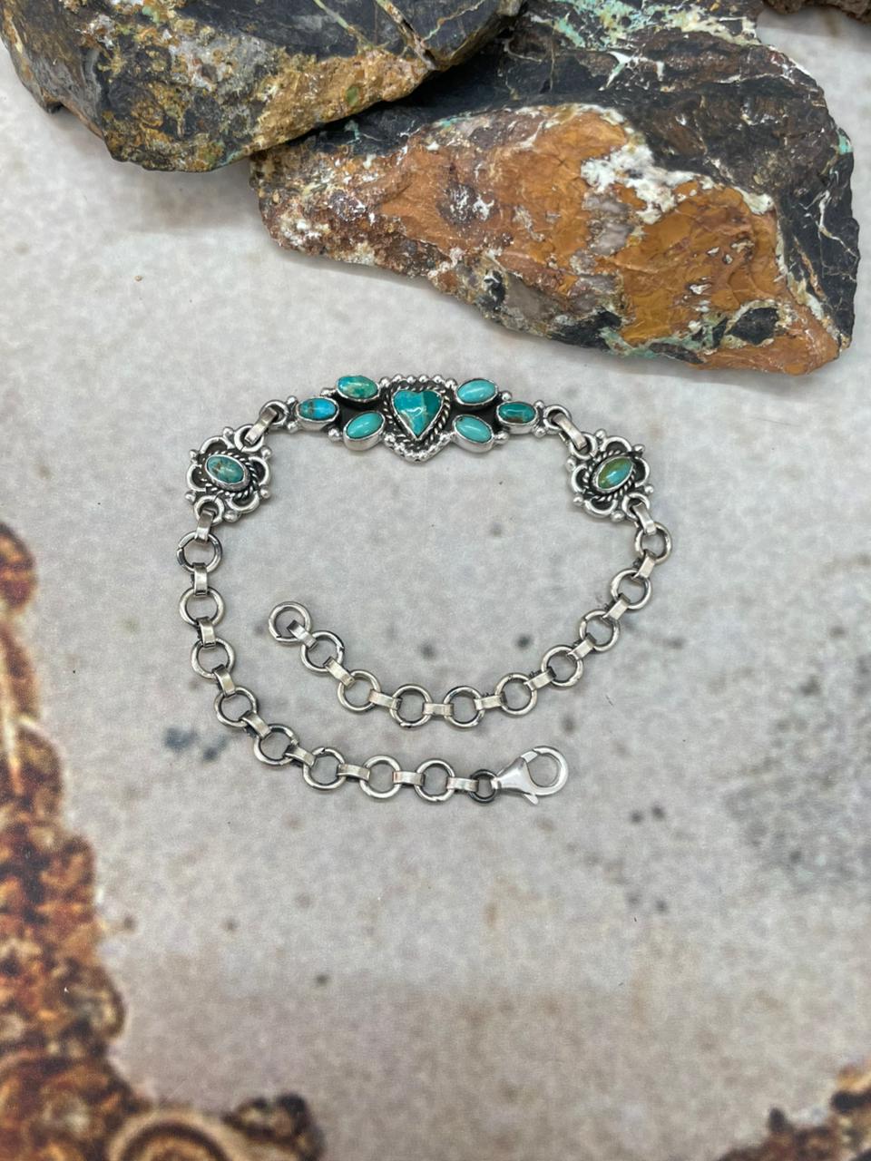 "Heart Collection" Handmade Sterling Silver Kingman Turquoise Chain Bracelet "Signed Nizhoni"