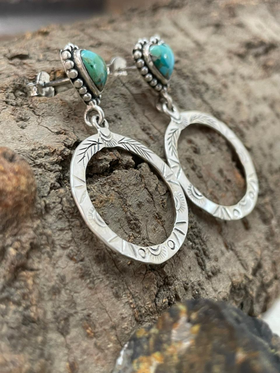 "Heart Collection" Handmade Sterling Silver Kingman Turquoise Post Dangle Earrings "Signed Nizhoni"