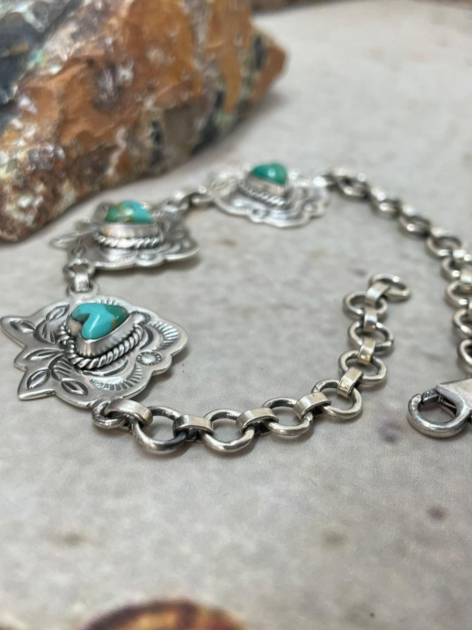 "Heart Collection" Handmade Sterling Silver Kingman Turquoise Chain Bracelet "Signed Nizhoni"