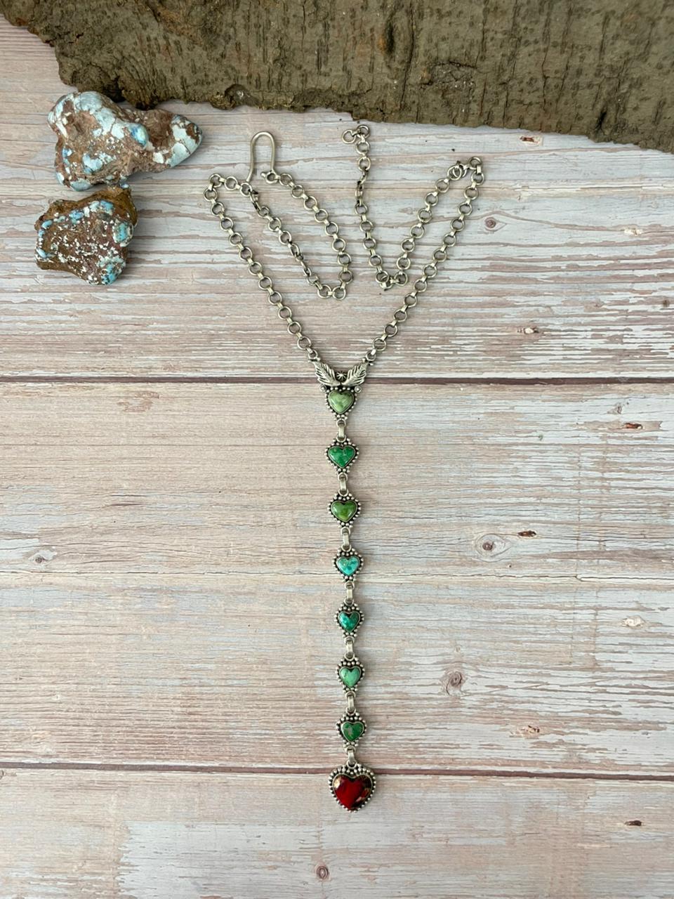 Handmade Sterling Silver Dahlia Rose with Emerald Valley Turquoise Necklace "Signed Nizhoni"