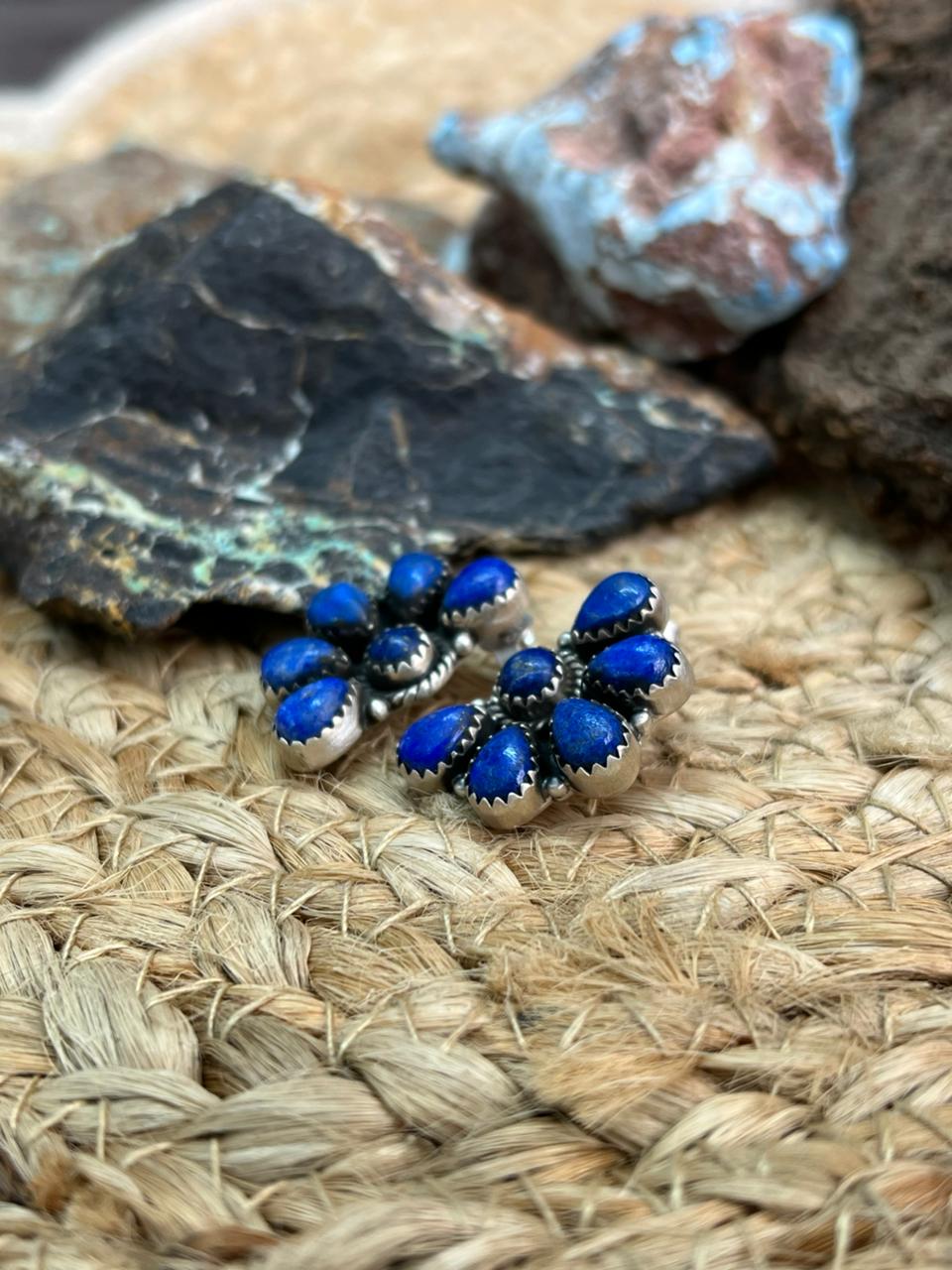 Handmade Sterling Silver Lapis Post Studs Earrings "Signed Nizhoni"