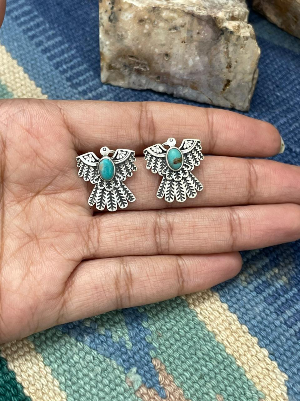 Handmade Sterling Silver Kingman Turquoise Thunder Bird Post Earrings "Signed Nizhoni"
