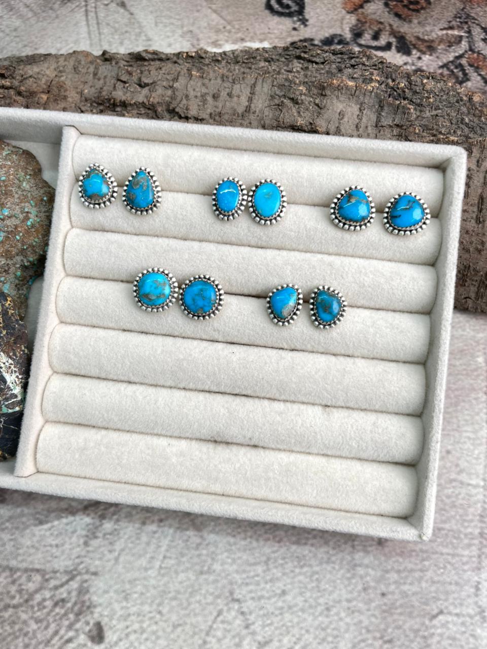 Handmade Sterling Silver Arizona Blue Turquoise Post Studs Earrings "Signed Nizhoni"