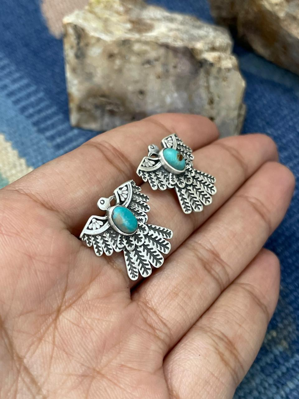Handmade Sterling Silver Kingman Turquoise Thunder Bird Post Earrings "Signed Nizhoni"
