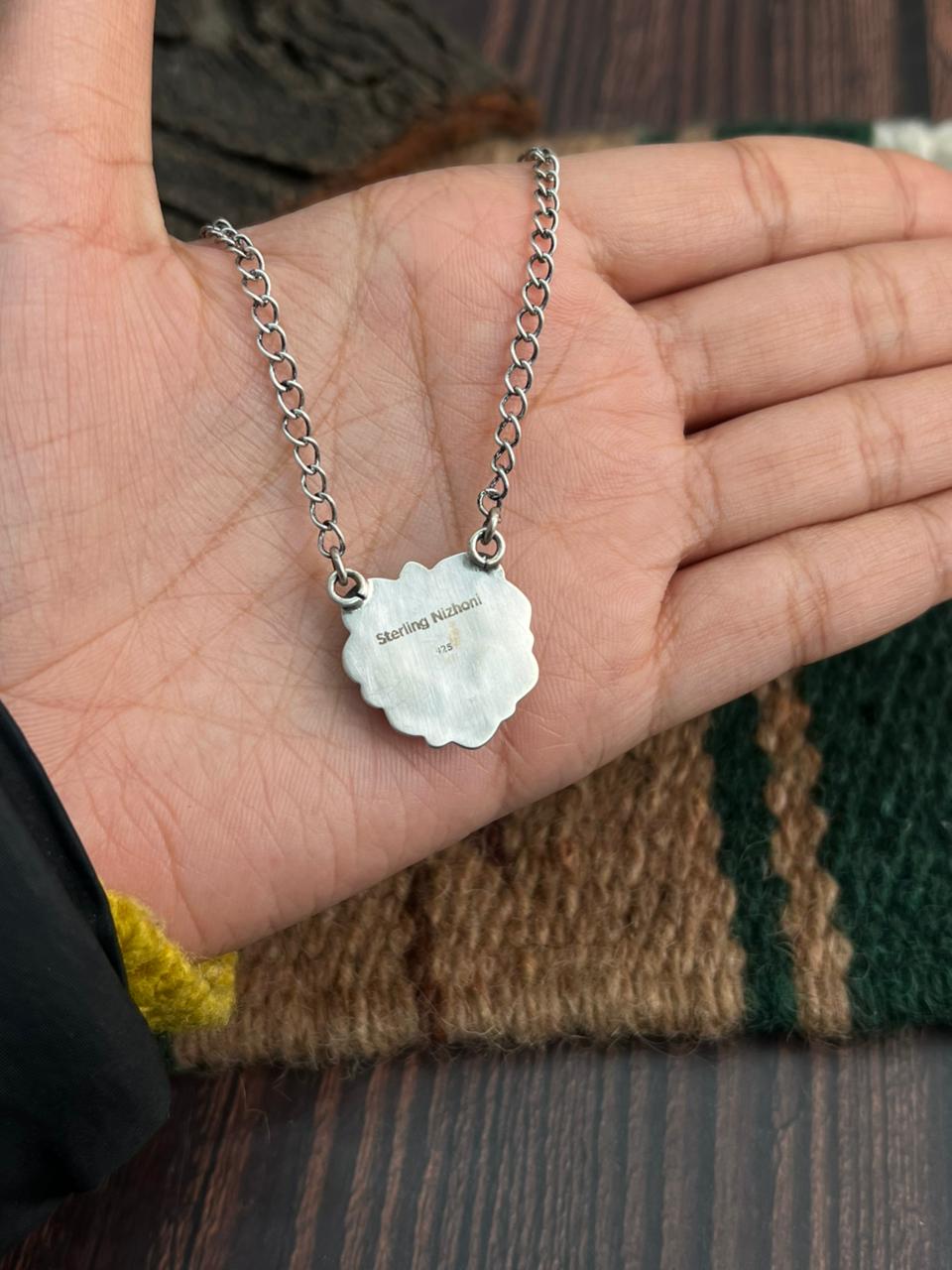 "Heart Collection" Handmade Sterling Silver Kingman Turquoise Necklace "Signed Nizhoni"