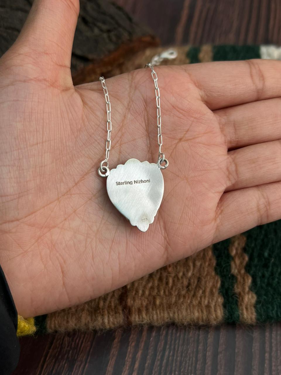 "Heart Collection" Handmade Sterling Silver Kingman Turquoise Necklace "Signed Nizhoni"