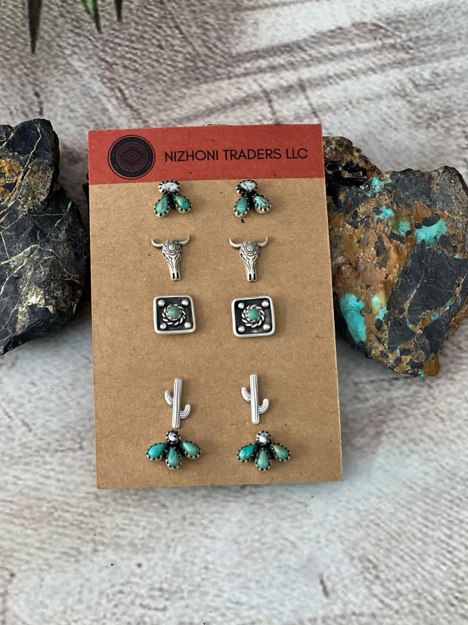 Handmade Sterling Silver Kingman With White Buffalo Post Studs Earrings Set