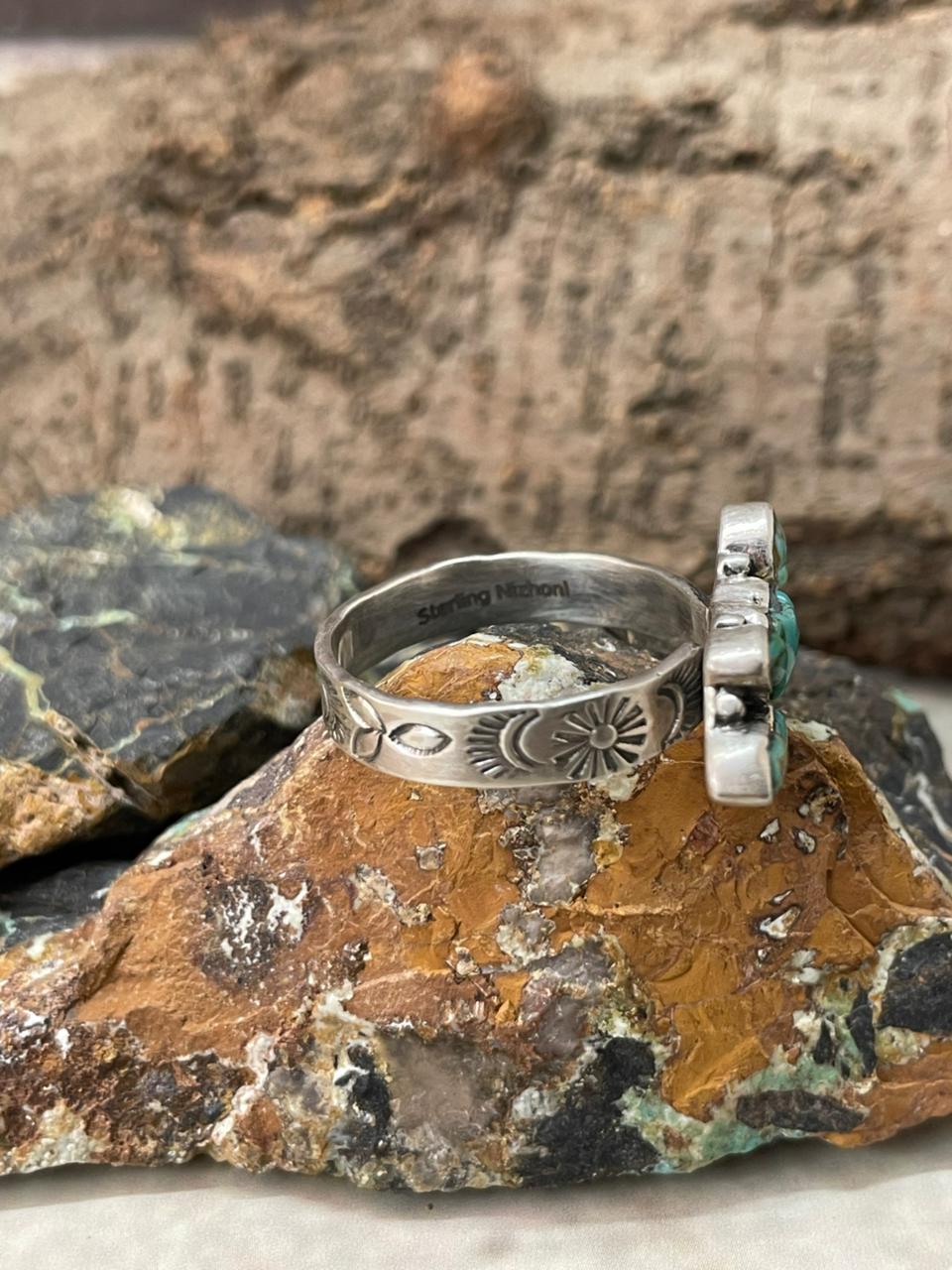 "Heart Collection" Handmade Sterling Silver Kingman Turquoise Adjustable Ring "Signed Nizhoni"