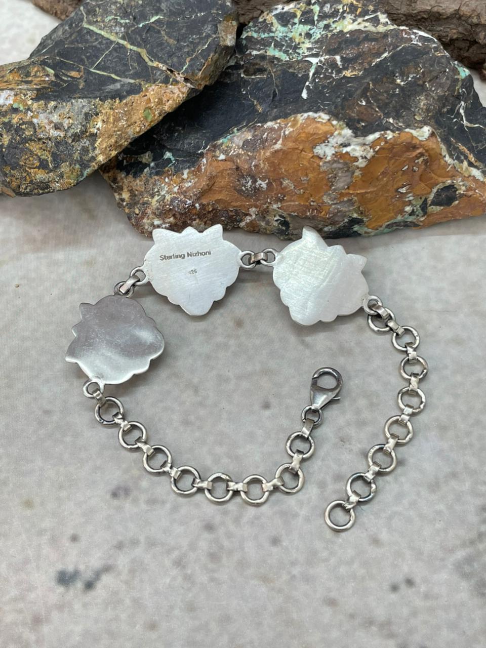 "Heart Collection" Handmade Sterling Silver Kingman Turquoise Chain Bracelet "Signed Nizhoni"