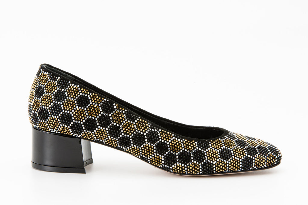 The Doha Gold & Black Glitter Leather Block Pump Women Shoe