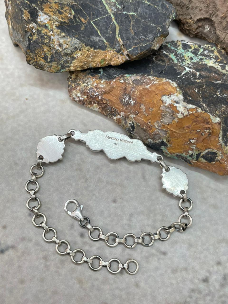 "Heart Collection" Handmade Sterling Silver Kingman Turquoise Chain Bracelet "Signed Nizhoni"