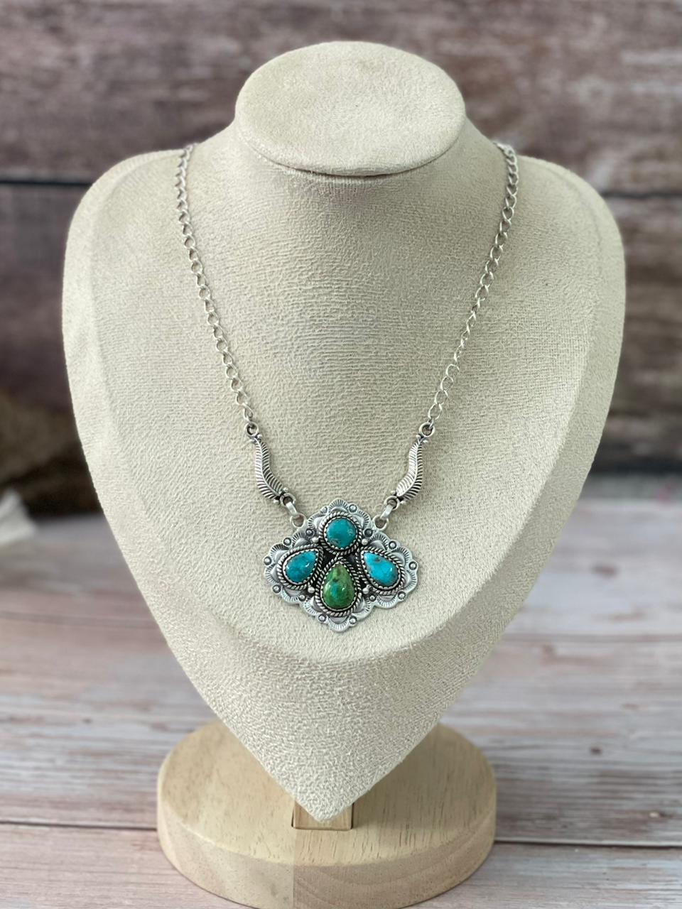 Handmade Sterling Silver Sonoran Mountain Turquoise with White Water Turquoise Necklace "Signed Nizhoni"