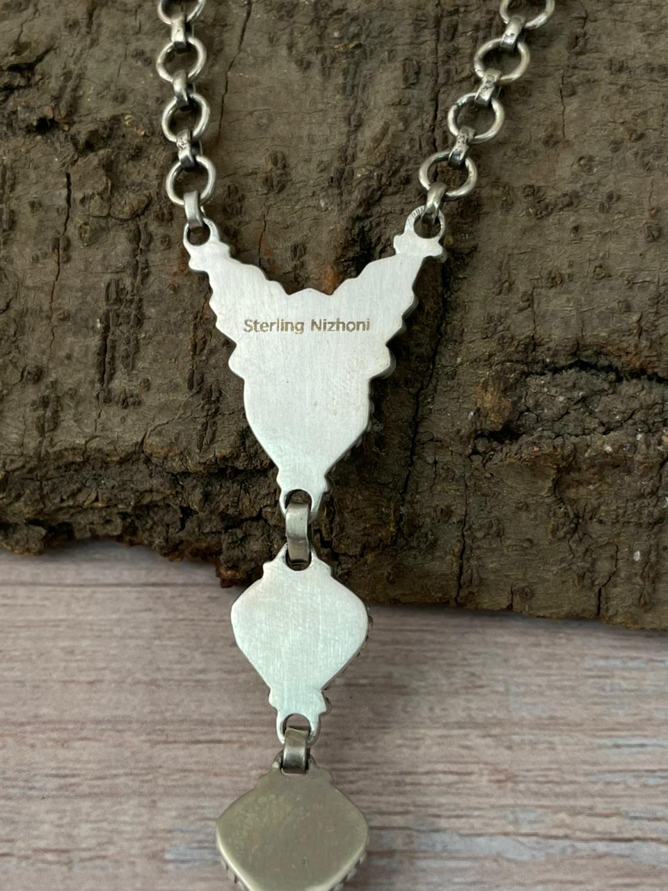 Handmade Sterling Silver Dahlia Rose with Emerald Valley Turquoise Necklace "Signed Nizhoni"