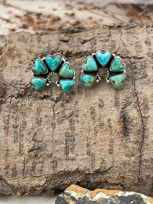 "Heart Collection" Handmade Sterling Silver Kingman Turquoise Post Studs Earrings "Signed Nizhoni"