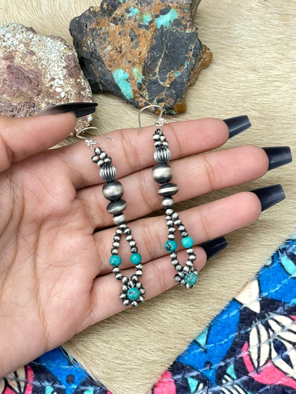 Handmade Sterling Silver Beaded Kingman Turquoise Hook Dangle Earrings