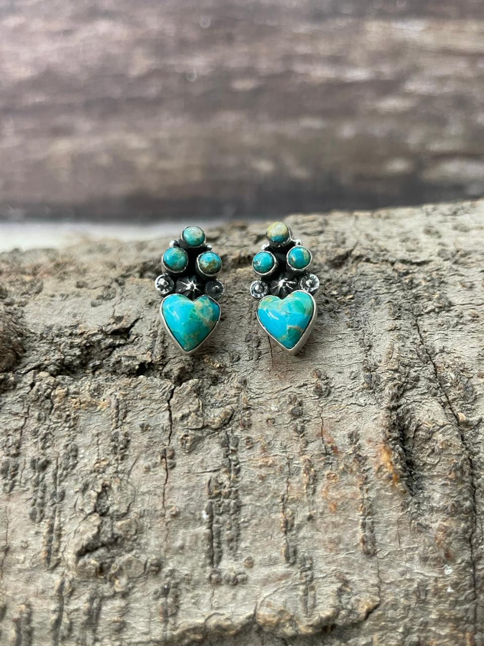"Heart Collection" Handmade Sterling Silver Kingman Turquoise Post Studs Earrings "Signed Nizhoni"