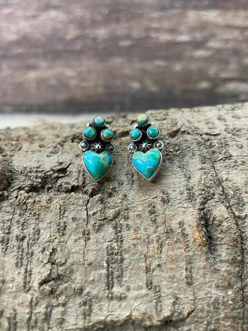"Heart Collection" Handmade Sterling Silver Kingman Turquoise Post Studs Earrings "Signed Nizhoni"