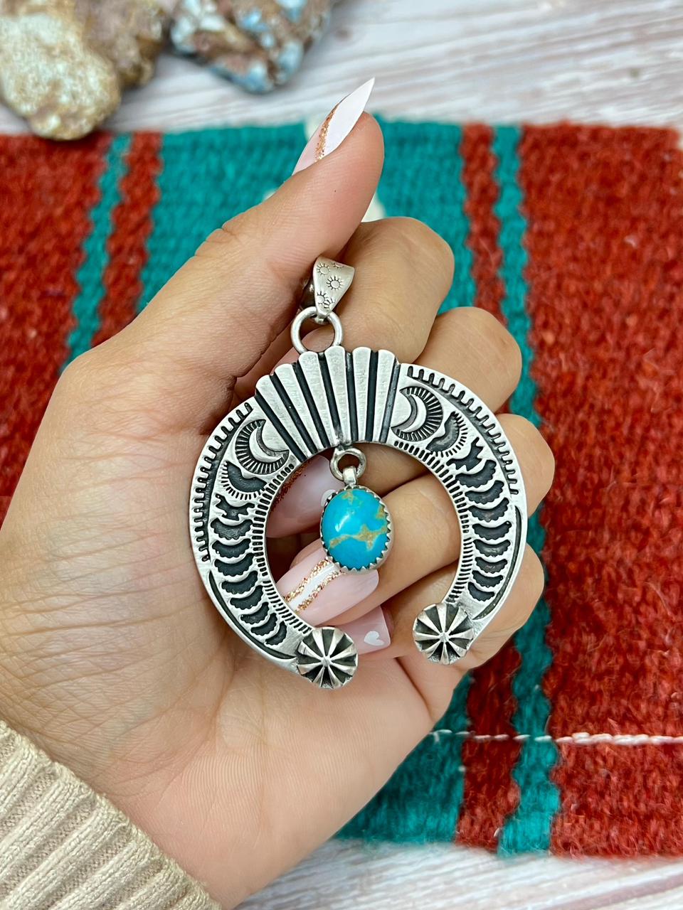 Handmade Sterling Silver Kingman Turquoise Naja Pendant "Signed Nizhoni"