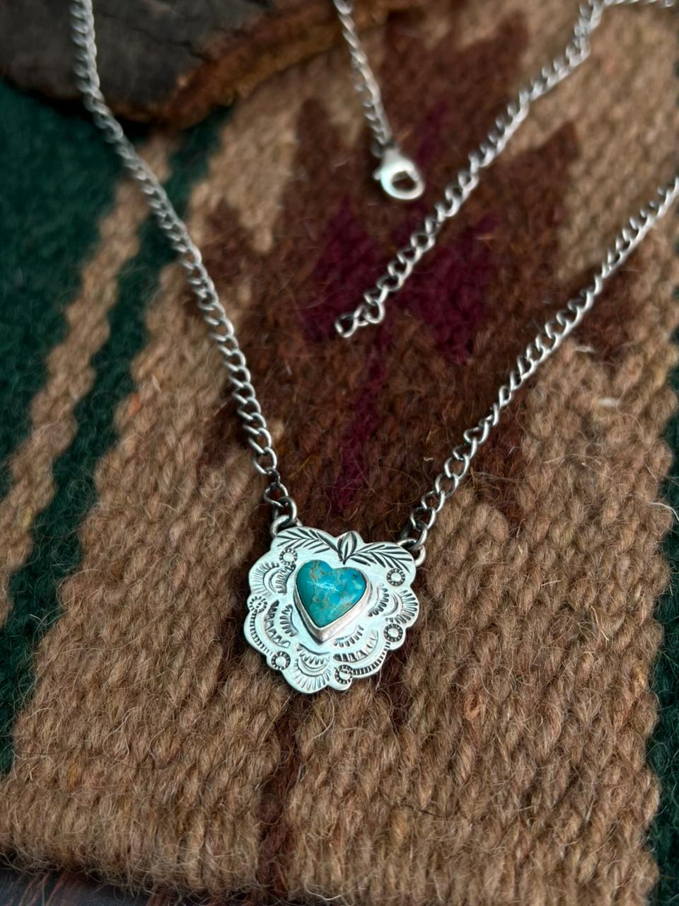 "Heart Collection" Handmade Sterling Silver Kingman Turquoise Necklace "Signed Nizhoni"