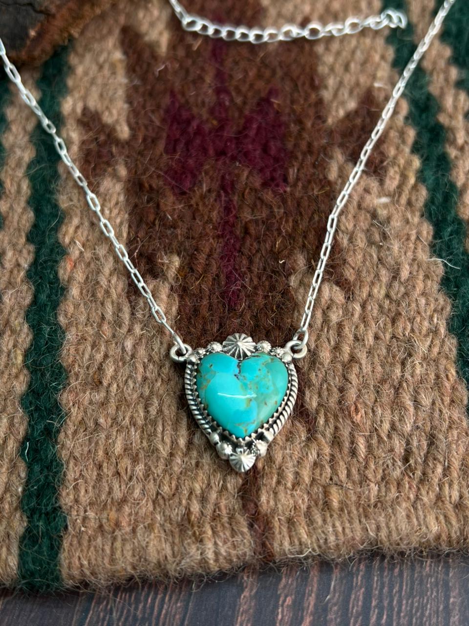 "Heart Collection" Handmade Sterling Silver Kingman Turquoise Necklace "Signed Nizhoni"