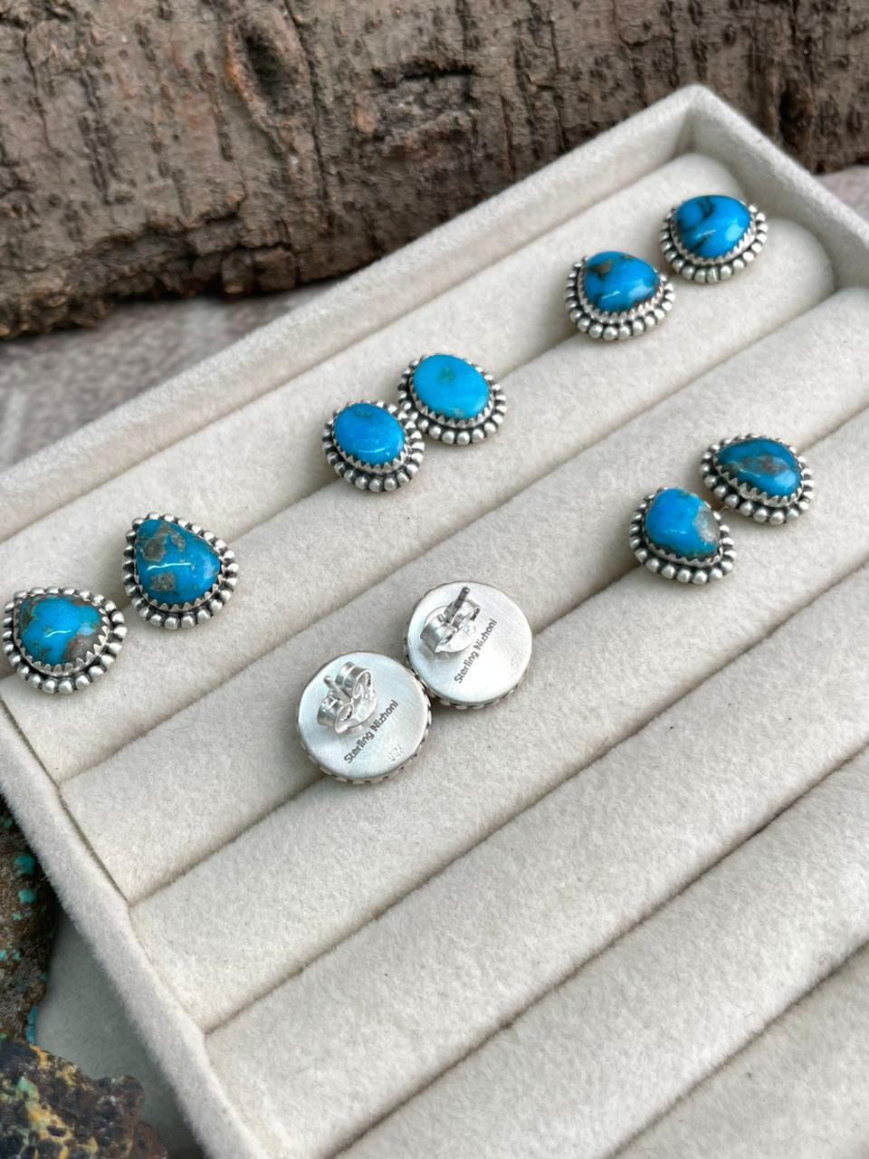 Handmade Sterling Silver Arizona Blue Turquoise Post Studs Earrings "Signed Nizhoni"