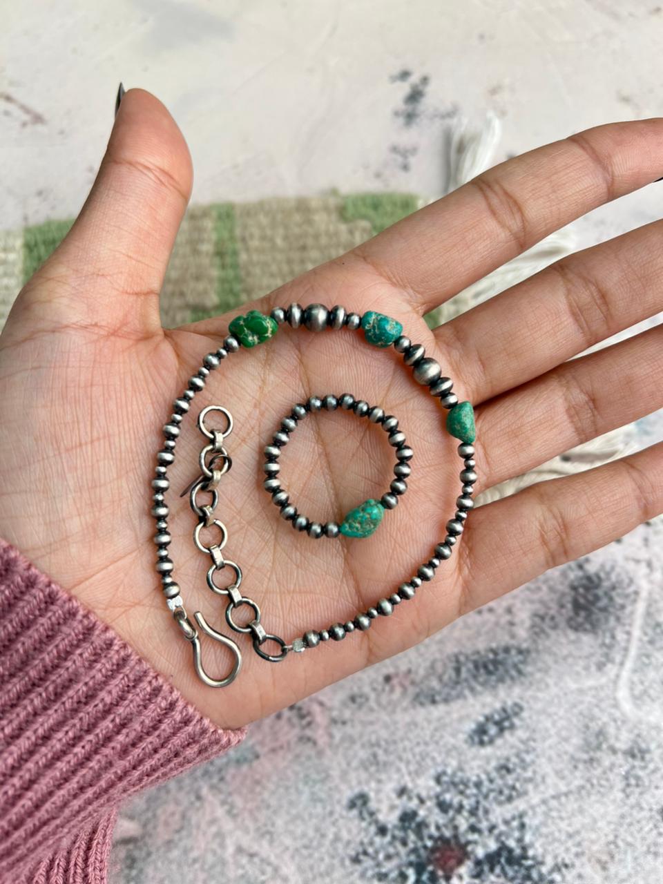 Handmade Sterling Silver Beaded Emerald Valley Bracelet Ring Set