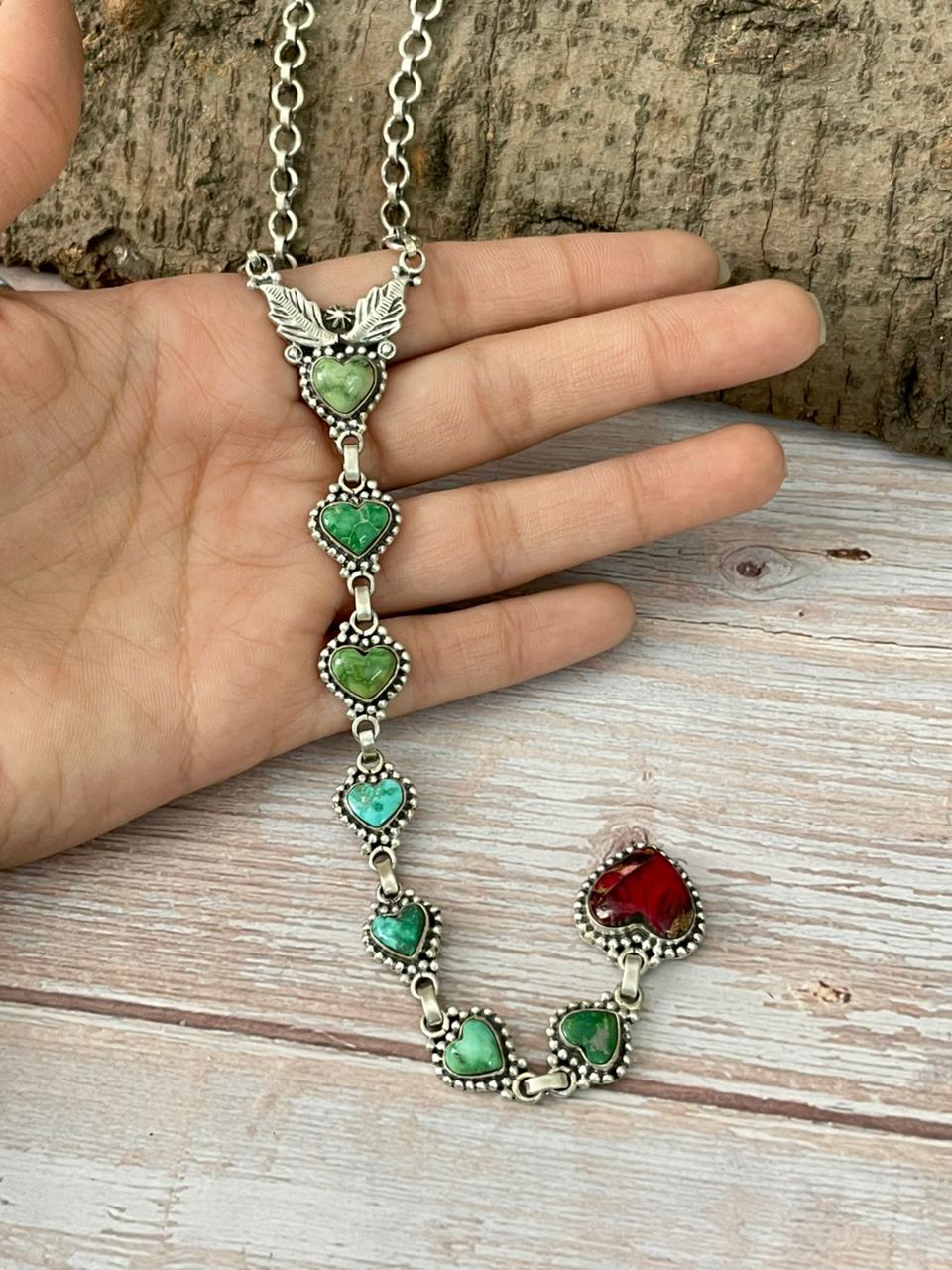 Handmade Sterling Silver Dahlia Rose with Emerald Valley Turquoise Necklace "Signed Nizhoni"