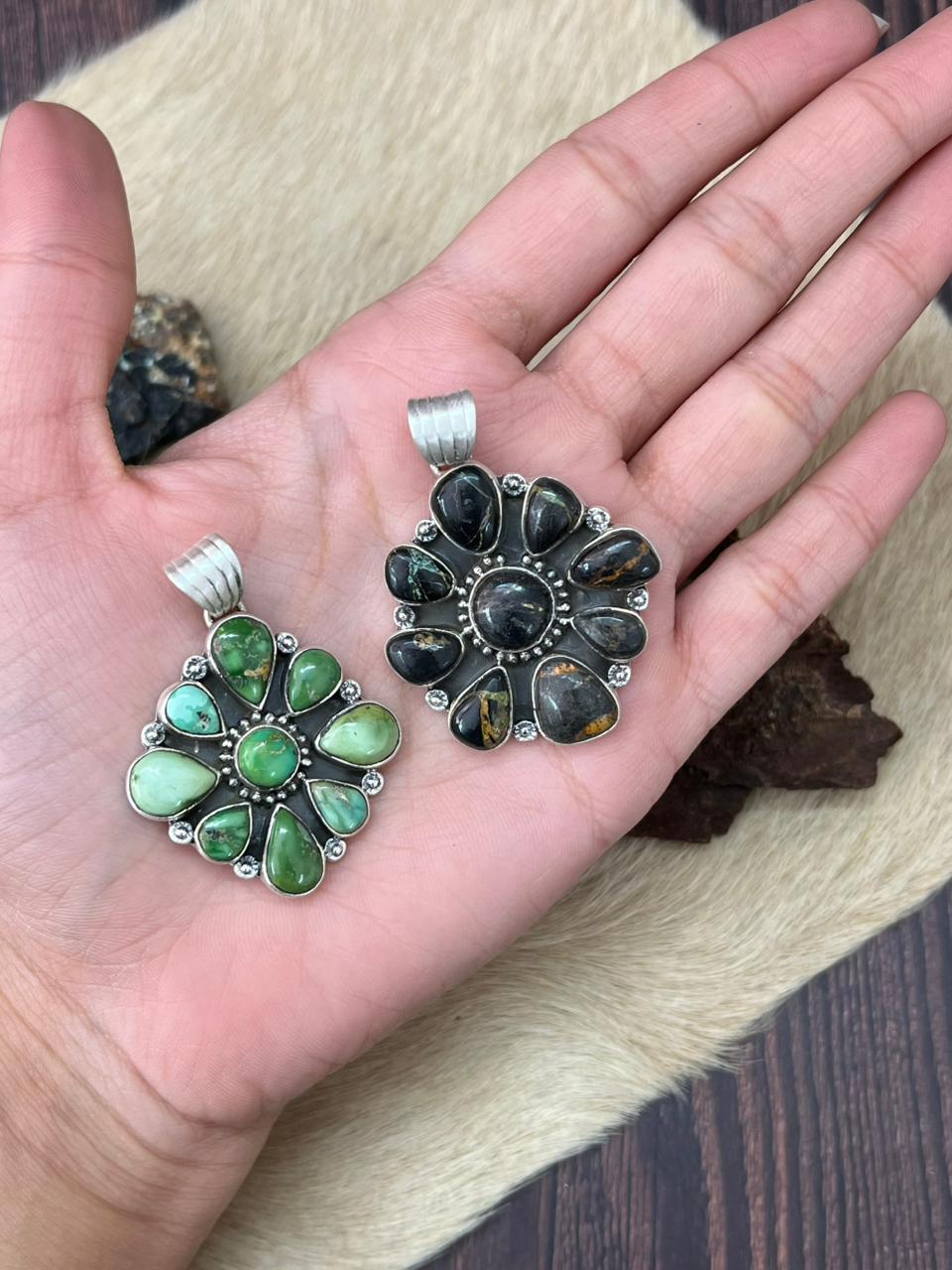 Handmade Sterling Silver Sonoran Mountain Turquoise, Blackjack Pendant "Signed Nizhoni"