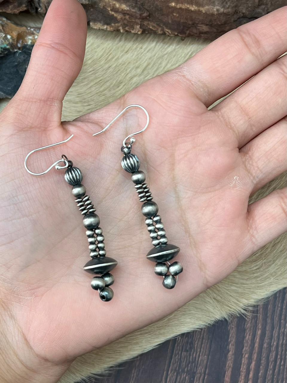 Handmade Sterling Silver Beaded Dangle Hook Earrings "Signed Nizhoni"