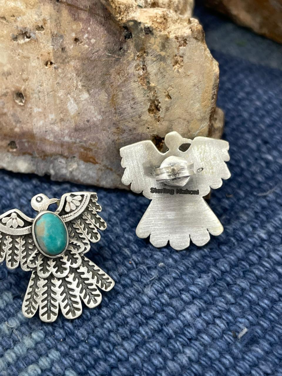Handmade Sterling Silver Kingman Turquoise Thunder Bird Post Earrings "Signed Nizhoni"