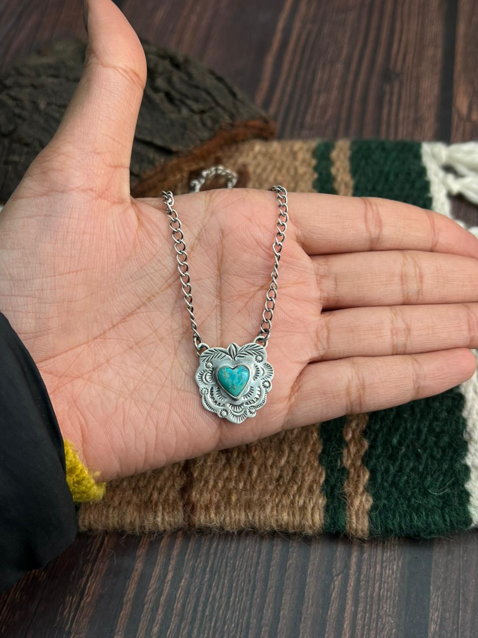 "Heart Collection" Handmade Sterling Silver Kingman Turquoise Necklace "Signed Nizhoni"