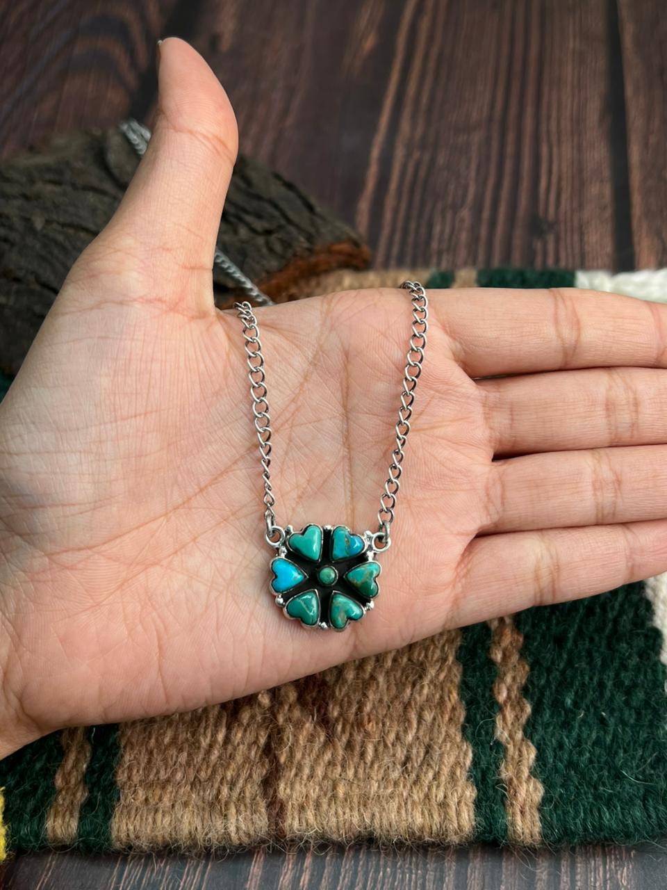 "Heart Collection" Handmade Sterling Silver Kingman Turquoise Heart Necklace "Signed Nizhoni"