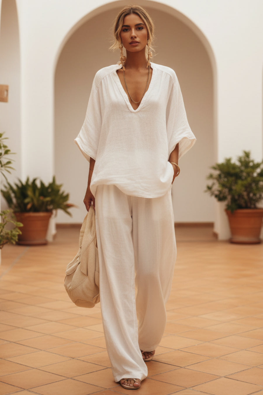 Women's V-Neck Loose Short-Sleeve Top & Pants Two-Piece Set