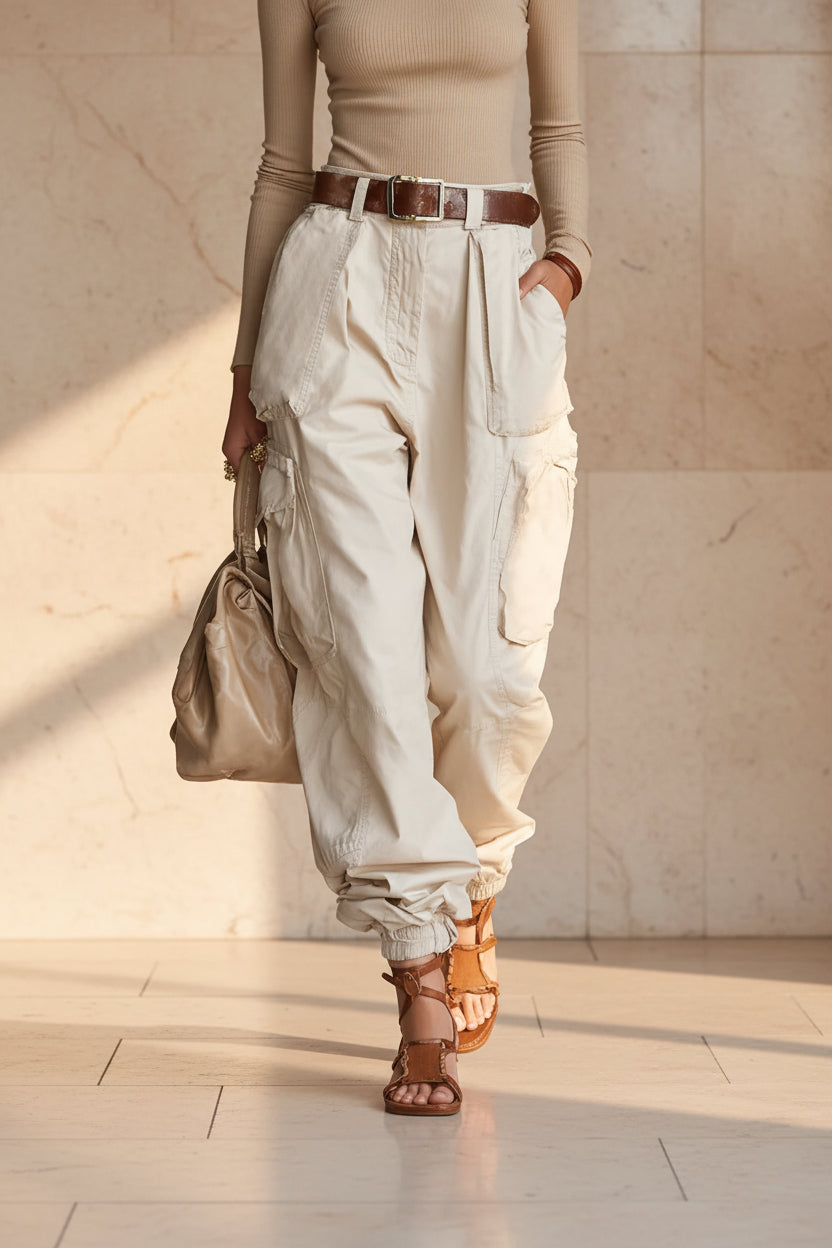 Women's High-Waist Cargo Parachute Pants with Elastic Ankle Cuffs
