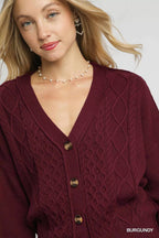 Umgee Chunky Cable Knit V-Neck Button-Up Cardigan