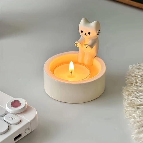 1pc WhimsyCat Ceramic Kitten Candle Holder - Encaustic Finish Tabletop Animal Theme Decor for Christmas, Halloween, Easter, Thanksgiving, Valentine'S Day - Che Cose Belle