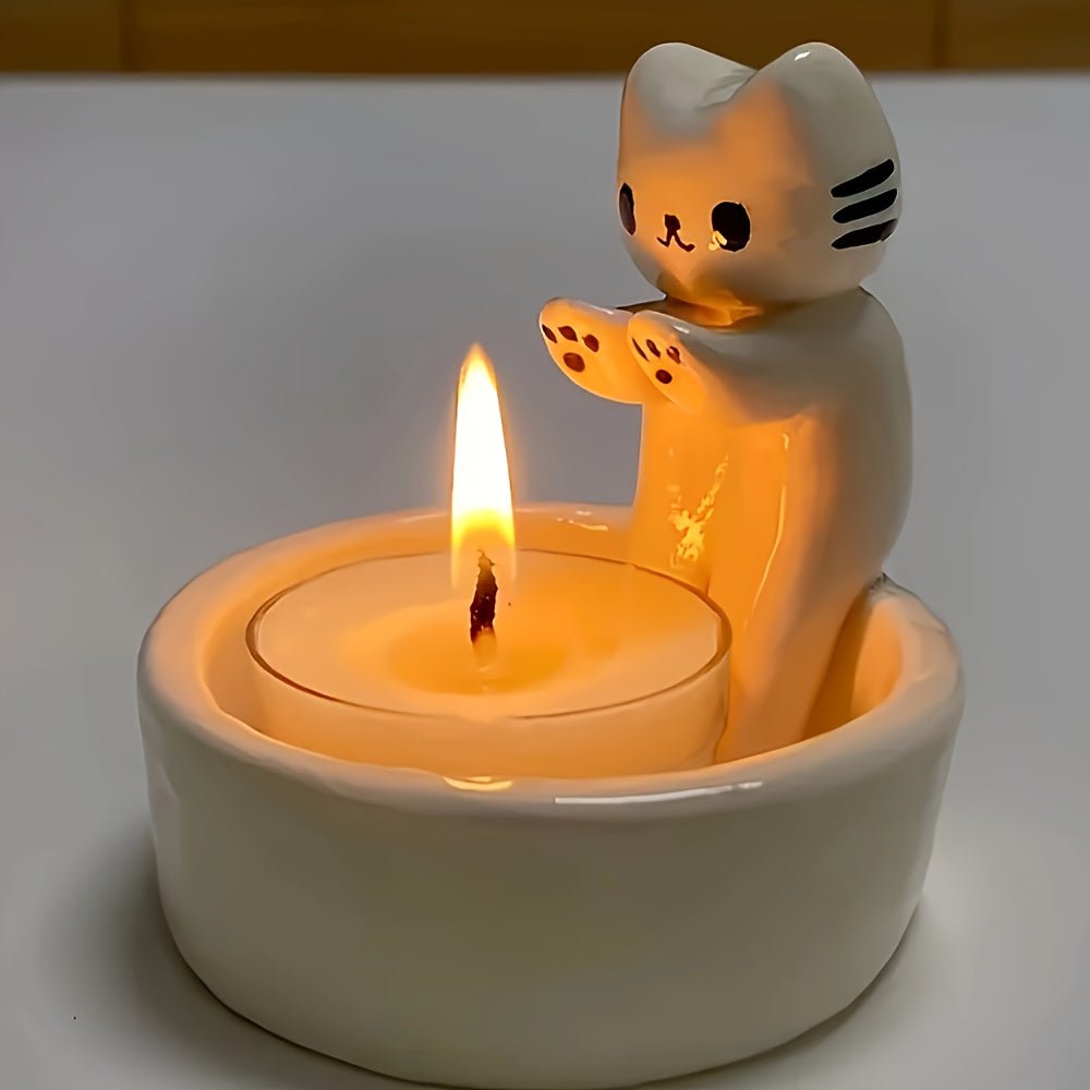 1pc WhimsyCat Ceramic Kitten Candle Holder - Encaustic Finish Tabletop Animal Theme Decor for Christmas, Halloween, Easter, Thanksgiving, Valentine'S Day - Che Cose Belle