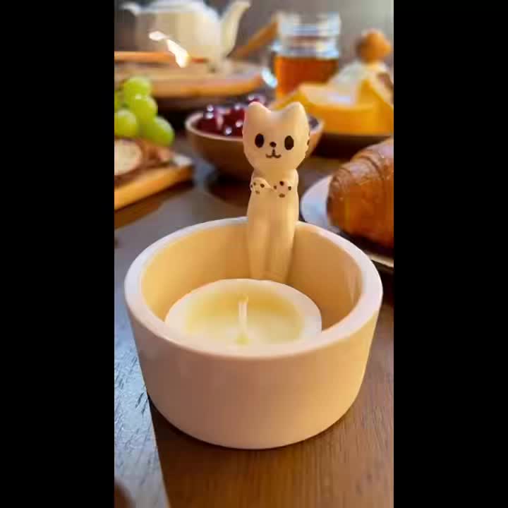 1pc WhimsyCat Ceramic Kitten Candle Holder - Encaustic Finish Tabletop Animal Theme Decor for Christmas, Halloween, Easter, Thanksgiving, Valentine'S Day - Che Cose Belle