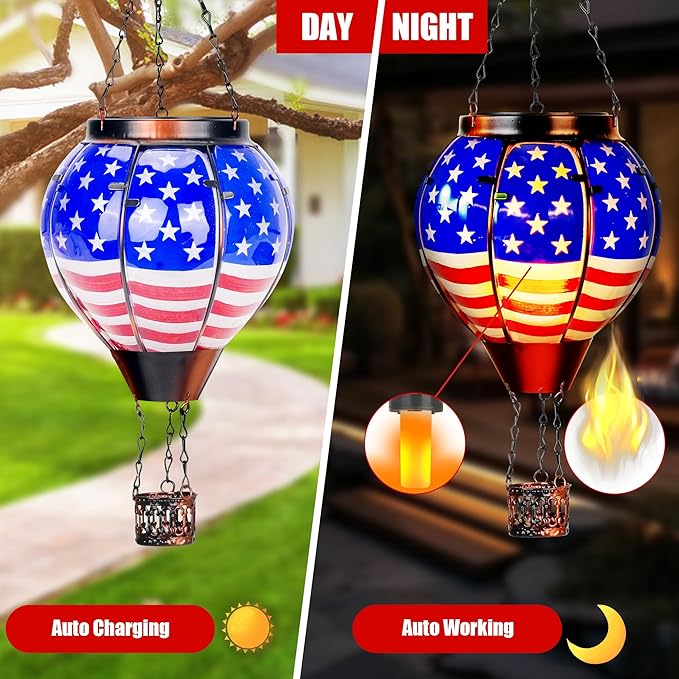 2 Pack Solar Hot Air Balloon Lantern with Flame, Hot Air Balloon Christmas Halloween Outdoor Decorations for Garden Decor, Glass Large Hanging Outdoor Decor,Solar Lantern Waterproof, Flag Decorations - Che Cose Belle