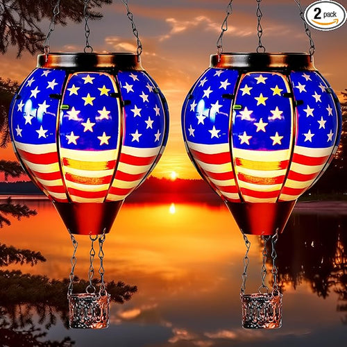 2 Pack Solar Hot Air Balloon Lantern with Flame, Hot Air Balloon Christmas Halloween Outdoor Decorations for Garden Decor, Glass Large Hanging Outdoor Decor,Solar Lantern Waterproof, Flag Decorations - Che Cose Belle