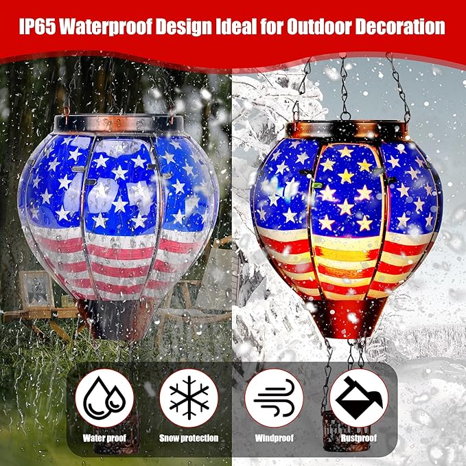 2 Pack Solar Hot Air Balloon Lantern with Flame, Hot Air Balloon Christmas Halloween Outdoor Decorations for Garden Decor, Glass Large Hanging Outdoor Decor,Solar Lantern Waterproof, Flag Decorations - Che Cose Belle