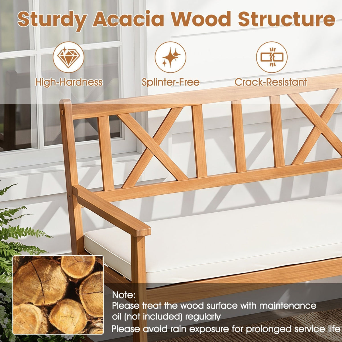 2-Person Acacia Wood Garden Bench with Removable Cushion - Che Cose Belle