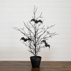 2' Pre-Lit Artificial Black Spooky Twig Tree with Bats and 40 Orange & Purple LED Lights - Che Cose Belle