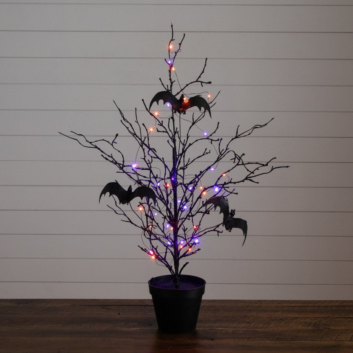 2' Pre-Lit Artificial Black Spooky Twig Tree with Bats and 40 Orange & Purple LED Lights - Che Cose Belle
