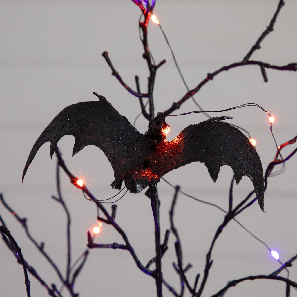 2' Pre-Lit Artificial Black Spooky Twig Tree with Bats and 40 Orange & Purple LED Lights - Che Cose Belle