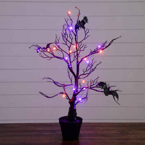 2' Pre-Lit Artificial Halloween Black Spooky Twig Tree with Bats and 40 Orange & Purple LED Lights - Che Cose Belle