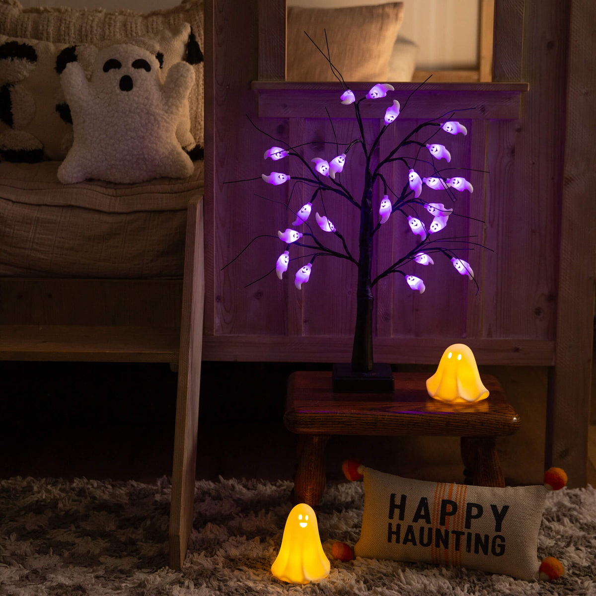 2' Pre-Lit Artificial Halloween Ghost Twig Tree with 24 Purple LED Lights - Che Cose Belle